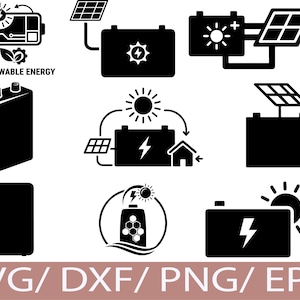 Puede incluir: Gráficos vectoriales en blanco y negro de conceptos de energía renovable, incluyendo paneles solares, baterías y símbolos de sol. Se incluye el texto "RENEWABLE ENERGY". Adecuado para diseño digital y temas ecológicos.