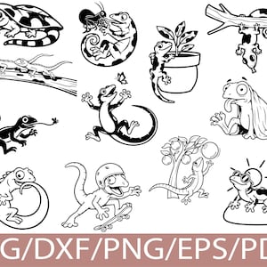May include: A collection of black and white line art illustrations featuring various cartoon lizards in different poses, including climbing branches, wearing a helmet on a skateboard, wearing sunglasses on a rock, and interacting with plants.