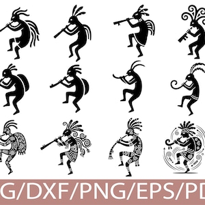 May include: Black Kokopelli figures playing flutes in various poses. The image features twelve Kokopelli designs, each in a different stance, with detailed patterns and accessories. The bottom of the image displays the text "SVG/DXF/PNG/EPS/PDF".