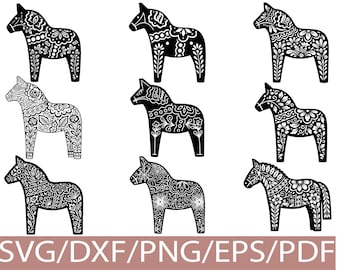 Dala Horse SVG Silhouette Bundle, Floral Scandinavian Horse Designs for Crafts