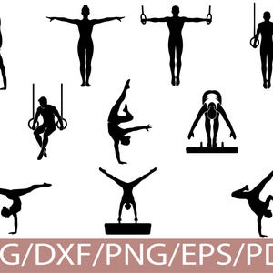 May include: Black silhouette illustrations of gymnasts performing various poses, including handstands, ring routines, and floor exercises. The image includes the text "SVG/DXF/PNG/EPS/PDF" in a brown banner at the bottom.