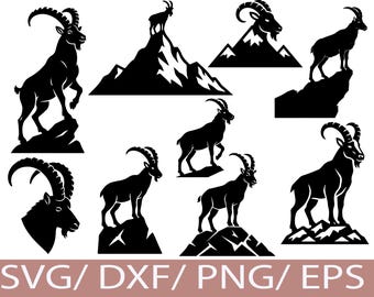 Mountain Goat SVG Bundle | Alpine Ibex Silhouettes | Wildlife Cliff Animal Cut Files