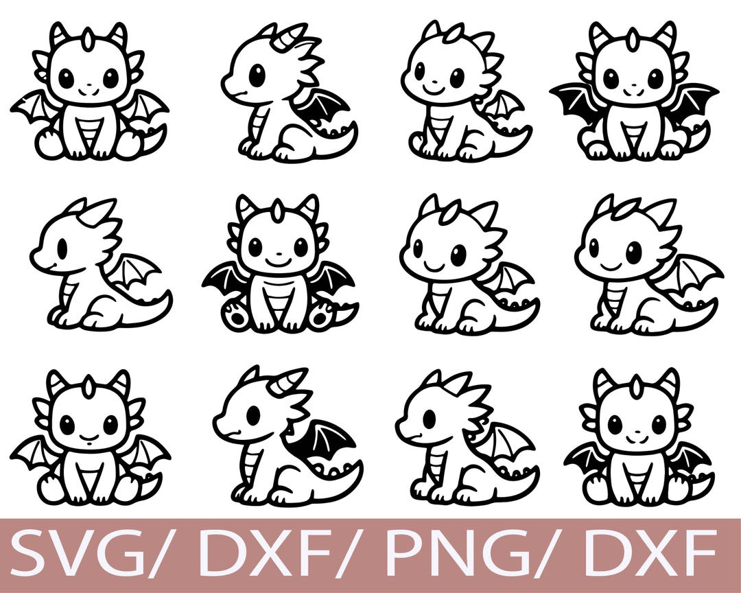 Kawaii Dragon SVG Clipart Bundle, Fantasy Baby Dragon Characters ...