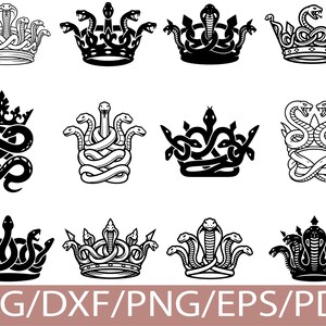 Könnte beinhalten: Eine Sammlung von zwölf schwarz-weißen grafischen Illustrationen, die verschiedene Kronendesigns zeigen, welche mit Schlangen verschlungen sind. Am unteren Bildrand steht der Text SVG/DXF/PNG/EPS/PDF in weißen Buchstaben auf einem einfarbigen Hintergrund.