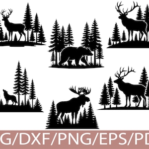 Könnte beinhalten: Eine Sammlung von sechs schwarzen Silhouettengrafiken mit verschiedenen Wildtieren wie Hirschen, einem Bären, einem Wolf und einem Elch vor einem Kiefernwaldhintergrund. Am unteren Rand des Bildes steht der Text SVG/DXF/PNG/EPS/PDF.