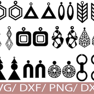 以下が含まれることがあります： 六角形、三角形、しずく型など、さまざまな形状の黒い幾何学模様のイヤリングのデザインコレクション。画像には、薄茶色で「SVG/ DXF/ PNG/ DXF」というテキストも含まれています。