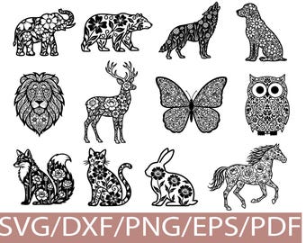 Floral Animal SVG Silhouette Bundle, Wildlife Flower Clipart Set