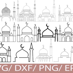 Puede incluir: Ilustraciones en blanco y negro de mezquitas, mostrando diversos estilos arquitectónicos. Los diseños incluyen cúpulas, minaretes y símbolos de luna creciente. El texto "SVG / DXF / PNG / EPS" se muestra en la parte inferior de la imagen.