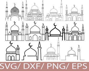 Conjunto de siluetas de mezquitas islámicas, imágenes prediseñadas de arquitectura para el Eid al-Adha, diseños de cúpulas de minaretes
