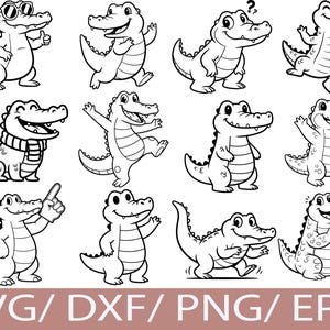 Op de afbeelding: Een verzameling zwart-wit cartoon alligator illustraties in verschillende poses. Een alligator draagt een zonnebril en geeft een duim omhoog. Een andere draagt een sjaal. De onderkant van de afbeelding heeft de tekst "SVG / DXF / PNG / EPS".
