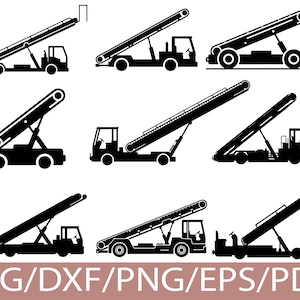 Könnte beinhalten: Schwarz-Weiß-Vektorillustrationen von Flugsteigtreppen. Die Bilder zeigen verschiedene Winkel und Designs der mobilen Treppeneinheiten. Der untere Teil des Bildes enthält den Text "SVG/DXF/PNG/EPS/PDF".