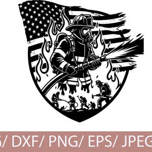May include: Black and white graphic of a firefighter in action, spraying water from a hose. The design features an American flag and flames, with silhouettes of other firefighters in the background. The image is in a shield shape.