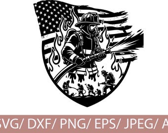 Firefighter American Flag Silhouette, Fireman Clipart (Digital Download)
