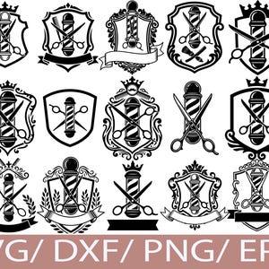 Puede incluir: Una colección de logotipos de barbería en blanco y negro con postes de barbero, tijeras y escudos decorativos. Los logotipos están en varios diseños de escudo y emblema, con el texto "SVG/DXF/PNG/EPS" en la parte inferior.