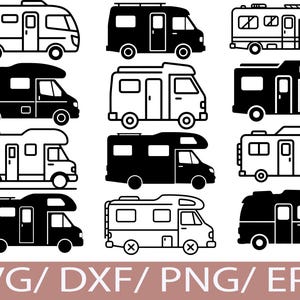 Pode incluir: Coleção de ilustrações a preto e branco de autocaravanas. Vários estilos de veículos recreativos são mostrados, incluindo autocaravanas. A imagem inclui o texto "SVG / DXF / PNG / EPS" na parte inferior.