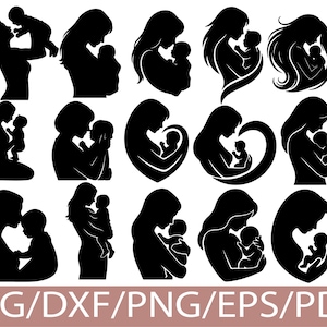 Puede incluir: Una colección de diseños de siluetas negras que representan a una madre y a un niño en varias poses. Las imágenes muestran a una madre sosteniendo, abrazando o mirando a un bebé. La parte inferior de la imagen incluye el texto: SVG/DXF/PNG/EPS/PDF.