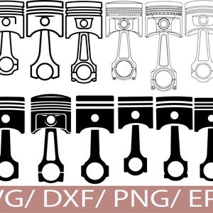 Puede incluir: Una colección de diseños de pistones de motor en blanco y negro. Los pistones se muestran en varios estilos, con contornos detallados y siluetas negras sólidas. La parte inferior de la imagen muestra el texto "SVG / DXF / PNG / EPS" en marrón.