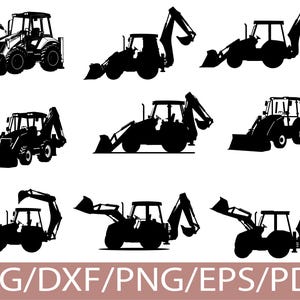 May include: A collection of black and white illustrations of backhoe loaders in various positions. The images are in a silhouette style, showcasing the construction vehicles' design. The bottom of the image includes the text "SVG/DXF/PNG/EPS/PDF".