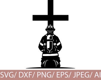 May include: A black and white graphic of a firefighter kneeling in prayer before a large cross. The firefighter is wearing a helmet and oxygen tank. The image is a silhouette style.