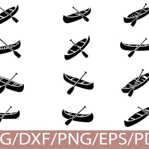 May include: Black canoe illustrations with paddles, in different positions. The image shows several canoe designs, ideal for outdoor and water-related projects. The text "SVG/DXF/PNG/EPS/PDF" is displayed at the bottom.
