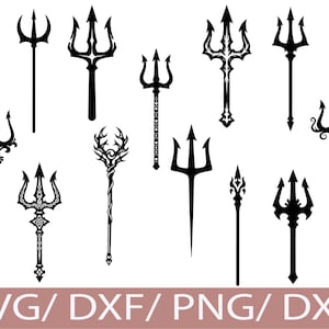 May include: A collection of black trident designs in various styles. The tridents feature different handle and head shapes, including ornate and simple designs. The image includes the text "SVG/ DXF/ PNG/ DXF" at the bottom.