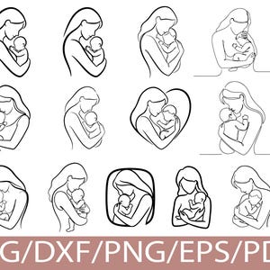 Peut inclure: Plusieurs illustrations en noir et blanc représentant une mère tenant un bébé. Les dessins sont de styles variés, certains avec un seul trait, d'autres plus détaillés. Le texte "SVG/DXF/PNG/EPS/PDF" est en bas de l'image.