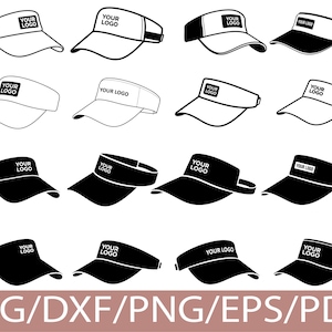 Op de afbeelding: Collectie vizierontwerpen in zwart en wit, met de tekst "YOUR LOGO". De vizieren worden vanuit verschillende hoeken getoond, met verschillende stijlen en vormen. De onderkant van de afbeelding bevat de tekst "SVG/DXF/PNG/EPS/PDF".