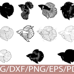 Op de afbeelding: Zwart-wit illustraties van Betta vissen in diverse poses. Sommige zijn effen zwarte silhouetten, andere gedetailleerde lijntekeningen. De afbeelding bevat de tekst "SVG/DXF/PNG/EPS/PDF" onderaan.