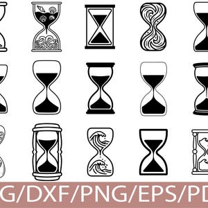 May include: A selection of black and white hourglass designs. Each hourglass has a unique shape and style, with variations in the glass and base. The image includes the text "SVG/DXF/PNG/EPS/PDF" at the bottom.