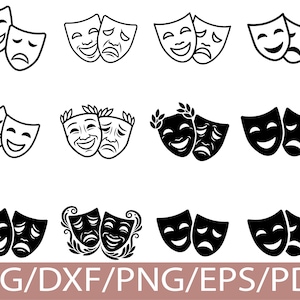 Puede incluir: Colección de máscaras teatrales en blanco y negro, que representan expresiones alegres y tristes. Los diseños varían, algunos con coronas de laurel. El texto "SVG/DXF/PNG/EPS/PDF" se encuentra en la parte inferior.