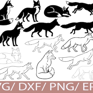 May include: A collection of black and white fox illustrations in various poses, including sitting, walking, and running. Outlines and solid silhouettes are displayed. The bottom of the image displays the text "SVG / DXF / PNG / EPS".