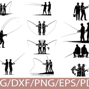 Könnte beinhalten: Eine Sammlung von Schwarz-Weiß-Silhouette-Illustrationen, die Menschen beim Angeln zeigen. Verschiedene Szenen zeigen Paare beim Angeln mit Ruten, einige stehen, einige sitzen und einige haben einen Eimer. Am unteren Rand des Bildes steht der Text "SVG/DXF/PNG/EPS/PDF".