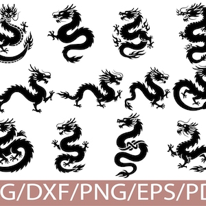 May include: A collection of black dragon silhouettes on a white backdrop. The dragons are shown in different dynamic poses, with intricate details. The image includes the text "SVG/DXF/PNG/EPS/PDF" at the bottom, indicating file formats.