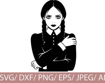 Silueta de chica gótica SVG, clipart de chica oscura estilo miércoles, archivo de corte Cricut de Halloween