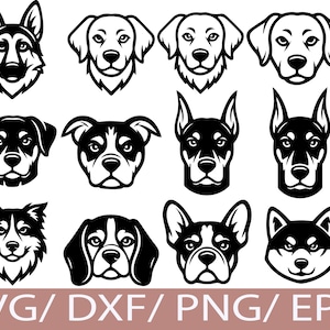May include: Black and white line art illustrations of various dog breeds, including a German Shepherd, Labrador, and Beagle. The image includes the text "SVG / DXF / PNG / EPS" at the bottom.