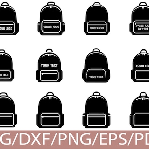 Può includere: Illustrazioni vettoriali di zaini neri con vari design di tasche frontali. Alcuni zaini includono il testo "YOUR LOGO" o "YOUR TEXT". La parte inferiore dell'immagine include il testo "SVG/DXF/PNG/EPS/PDF".