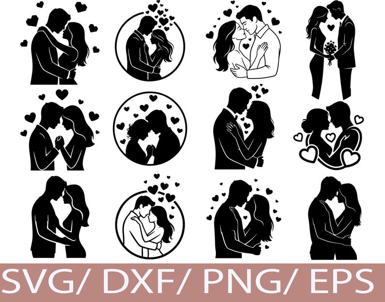 Romantic Vector Dxf Romantic Couple SVG Silhouette Bundle, Love Hug Kiss Poses, Valentine ...