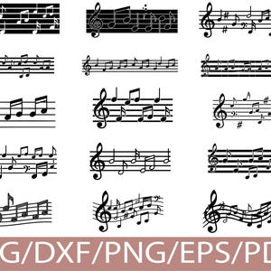 May include: A collection of black and white musical notation graphics, including treble clefs, notes, and staves. The image features various arrangements of musical symbols, suitable for music-related projects. The bottom of the image displays the text "SVG/DXF/PNG/EPS/PDF".