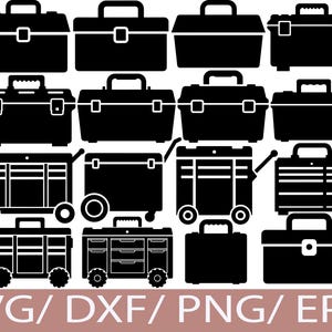 May include: Black silhouette illustrations of various toolboxes and tool chests. Designs include classic rectangular toolboxes with handles and latches, as well as rolling tool chests with drawers and wheels. The image also includes the text "SVG/DXF/PNG/EPS".