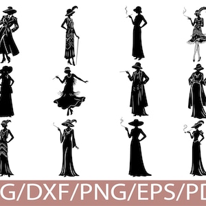 May include: A collection of black silhouette images of women in vintage attire, including flapper dresses, long coats, and hats. Each figure holds a cigarette holder, evoking a sense of the Roaring Twenties. The bottom of the image displays the text "SVG/DXF/PNG/EPS/PDF".