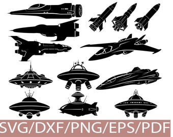 Conjunto de nave espacial futurista y silueta de ovni. Conjunto de nave espacial de ciencia ficción.