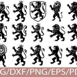 Heraldiskt lejon silhuett bunt SVG kungligt vapen clipart set