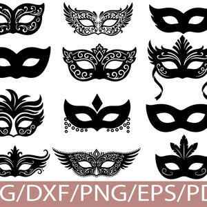 May include: A collection of black masquerade masks with various ornate designs. The masks feature different shapes, including those with wings, swirls, and decorative elements. The image includes the text "SVG/DXF/PNG/EPS/PDF" at the bottom.