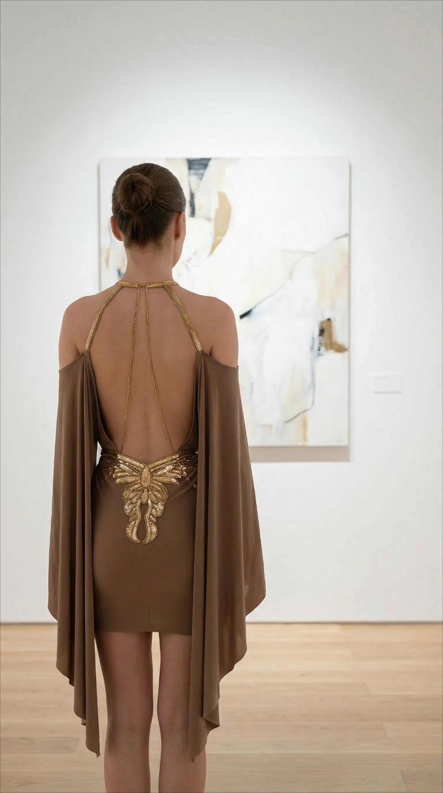 Backless Cape Sleeve Mini Dress, Gold Embellished Cocktail /brown ...