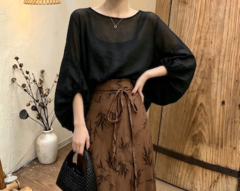 Linen Cotton Blend Lantern Sleeve Blouse, Elegant 7/8 Sleeve Top