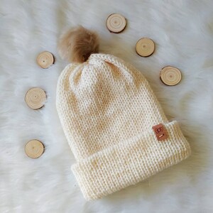 Double brim knit hat, knitted beanie, knit beanie hat, cream color beanie, women&#39;s winter hat, women&#39;s knit hat, pom pom beanie