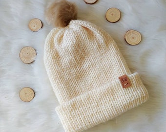 Double brim knit hat, knitted beanie, knit beanie hat, cream color beanie, women's winter hat, women's knit hat, pom pom beanie