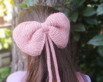 Knitted kids bow, Romantic hair bow, Weeding hair bow, large hair bow, knit bow, girls hair bow, hairbow barrette, pink soft hair bow,