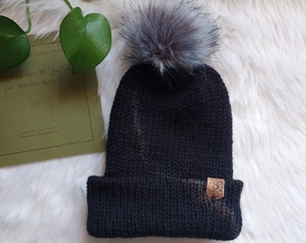 Black knit beanie, double brim knit hat, knitted beanie, knit beanie hat, black color beanie, women's winter hat, pom pom beanie