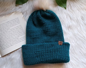 Teal knit beanie, double brim knit hat, knitted beanie, knit beanie hat, teal color beanie, women's winter hat, pom pom beanie